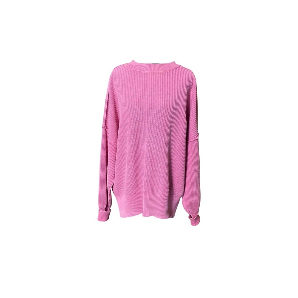 Aerie Pink Crew Neck Sweater with Ribbed Knit Womans Small Side Slits oversized